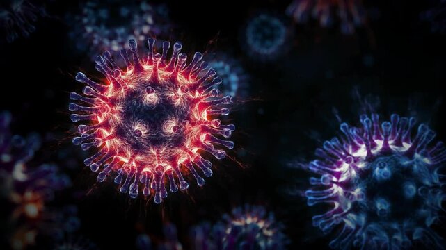 Virus Particles Floating in Dark Space with Glowing Surface Textures and Abstract Medical Science Concept