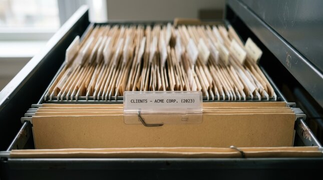 An open metal filing cabinet drawer containing organized manila file folders with the primary label clearly showing Clients - Acme Corp (2023) in a brightly lit office environment