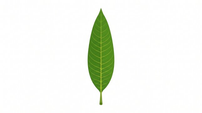 Isolated flat vector illustration of a mango leaf, single green leaf with detailed yellow veins, lanceolate shape, clean graphic design, sharp edges, on a solid white background, high resolution comme