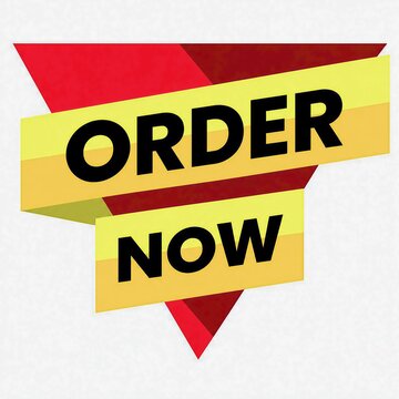 Bold yellow and red order now banner with directional arrows