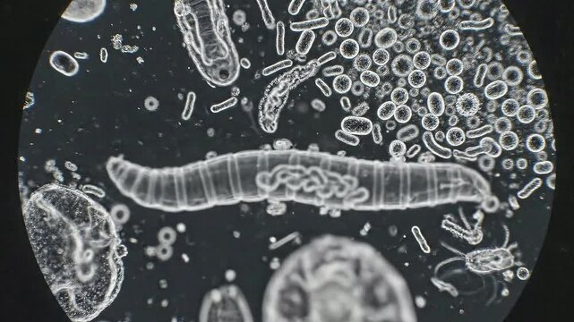 Microscopic Protozoa and Bacteria Moving in Scientific Sample