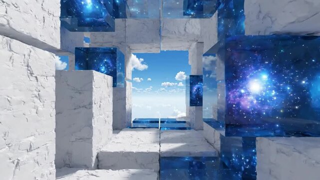 Abstract 3 d space tunnel with floating galaxy cubes and sky view, surreal digital background, for futuristic technology, and science concepts