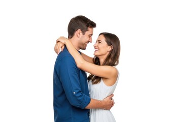 Fototapeta premium Happy young couple in love looking at each other and smiling with joy