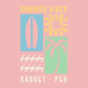 summer illustration surfboard graphic sunshine design waves badge palm vintage icon