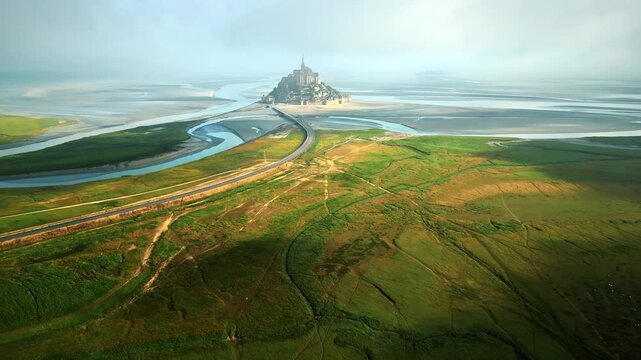 Aerial view of Mont Saint Michel tidal island abbey during misty sunrise in Normandy France.