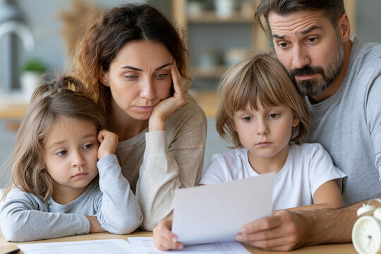 Family gathered closely, faces showing worry. Mother rests head on hand, eyes downcast. Father grips paper, brow furrowed with stress. Young girl beside them, expression somber