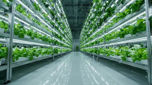 Vertical farming indoor agriculture facility with led lighting and hydroponic lettuce shelves for sustainable food production and modern technology