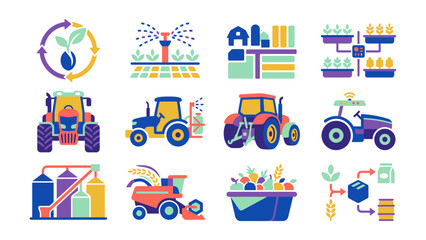 Naklejka premium Modern agriculture icons set featuring farming technology crop cultivation and sustainable practices