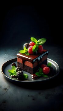 Chocolate cake with raspberry and blackberry on a dark plate under dramatic lighting.