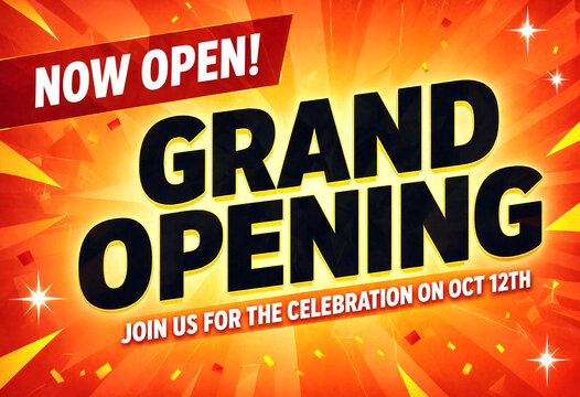 Bright grand opening celebration poster with explosive background and bold text announcement event date
