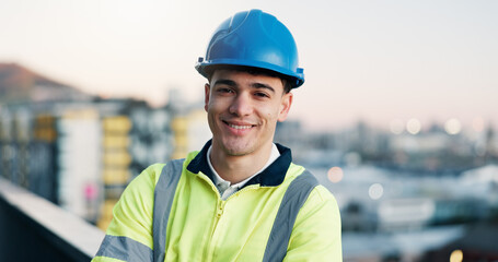 Fototapeta premium Construction, hard hat and portrait of happy man in city for development or project management. Civil engineering, smile and space with proud developer outdoor for evening architecture or building