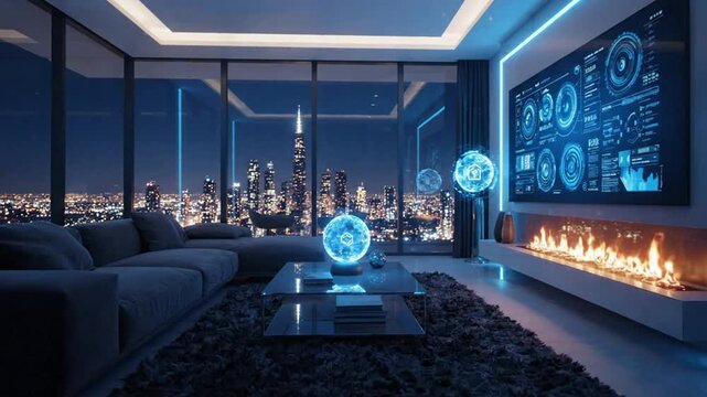 Futuristic smart home living room with holographic data interface and city skyline view at night, high-tech luxury interior concept