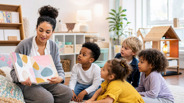 Teacher reading book to preschool children in classroom