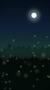 Mysterious night sky with glowing fireflies and mountains. 2d animation