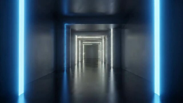 Neon light tunnel corridor with changing colors: abstract sci-fi background, for futuristic technology, and digital motion presentations