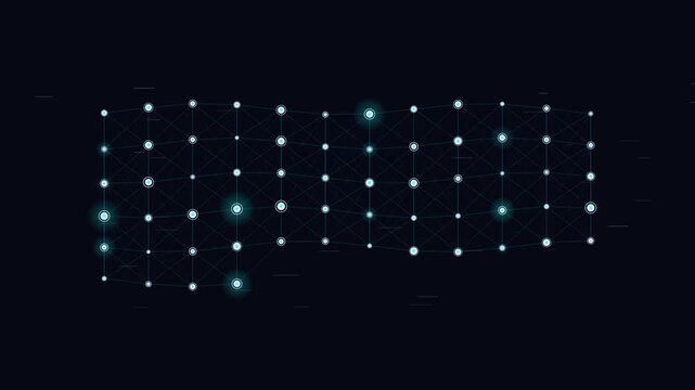 Futuristic digital network connection with glowing blue nodes and geometric lines on black background for technology and big data concepts