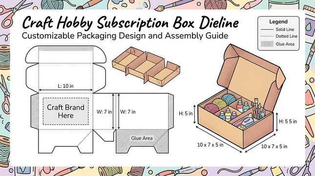 Craft hobby subscription box dieline template for packaging design and assembly