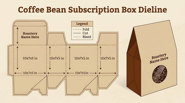 Coffee bean subscription box dieline template with flat layout and assembled bag