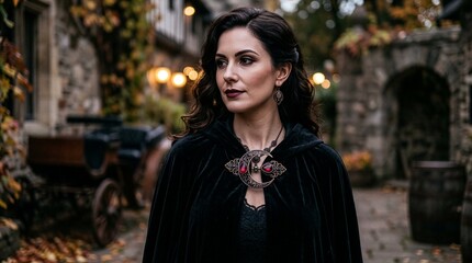 Fototapeta premium Gothic crescent moon cloak clasp with deep ruby gemstone, luxurious black velvet Halloween fashion accessory isolated
