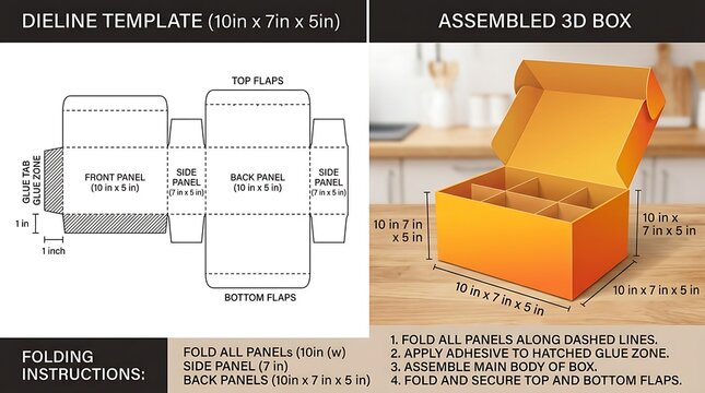 Flat dieline template and assembled orange cardboard box with dividers for packaging design