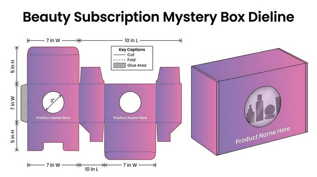 Flat dieline template for a cosmetic beauty subscription mystery box with dimensions