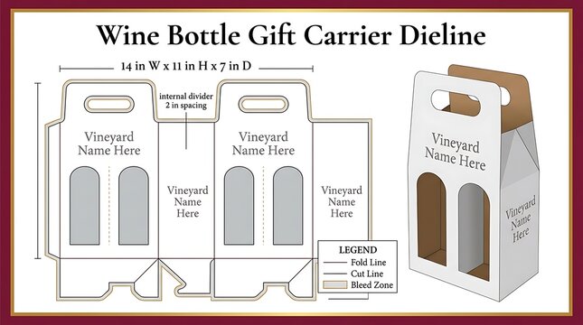 Flat dieline template for a cardboard wine bottle gift carrier box