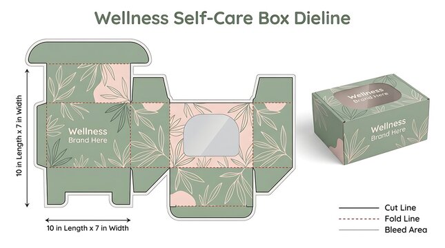 Flat dieline template for a wellness selfcare cardboard packaging box