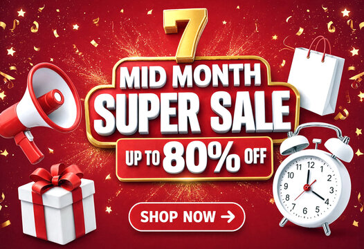 Exciting mid month super sale advertisement with discounts up to eighty percent off gifts and shopping bags