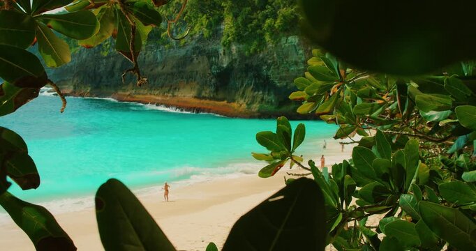 Tropical coastline with turquoise ocean water and high cliff at Kelingking Beach in Nusa Penida Bali