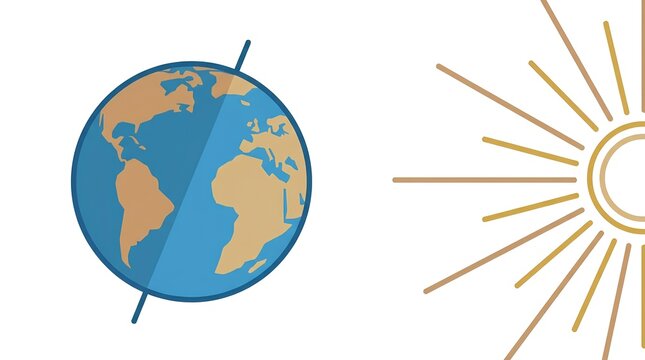 Earth axis tilt illustration showing solar rays and seasonal light distribution.