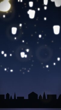 Lanterns floating in the night sky over a silhouetted cityscape. 2d animation