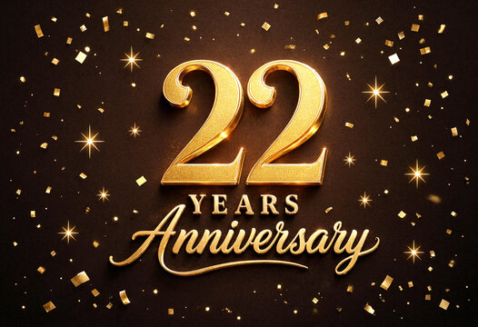 Golden glittering twenty two years anniversary celebration with confetti and stars design