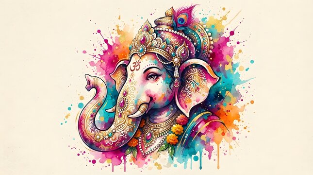 Watercolor illustration of lord ganesha with vibrant paint splashes and traditional ornaments, isolated on white background