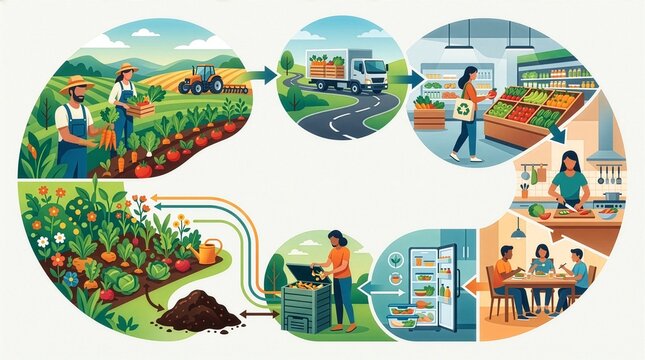 Sustainable Food Cycle Vector Illustration with Farming, Transportation, Grocery Shopping, Cooking, Food Storage and Composting