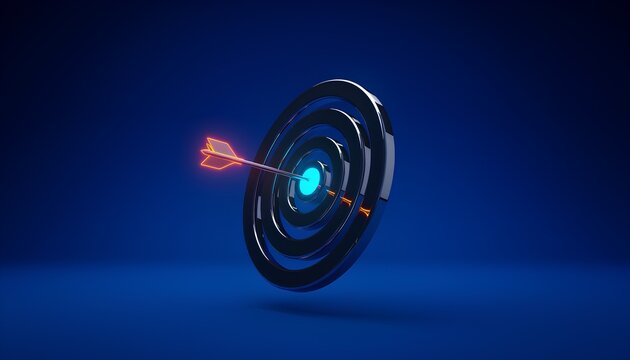 Ultra minimalist 3D illustration of a business target concept featuring a dark chrome bullseye hit by a glowing neon orange arrow on a blue background