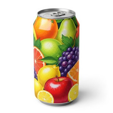Colorful fruits canned drink on silver background isolated on white background