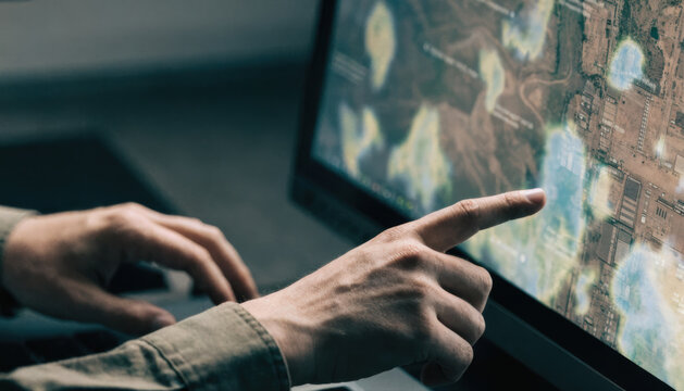 Data analysis map satellite screen hand finger computer research heatmap focused hand points colorful digital map heatmap computer screen showing satellite land pattern and data analysis