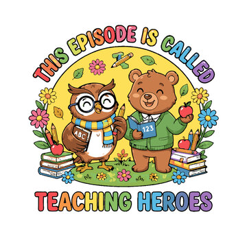 Cute cartoon owl and bear teachers with books and pencils for school education design