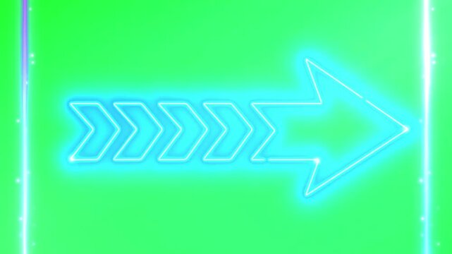Cyan neon arrow glows brightly against a green screen background.