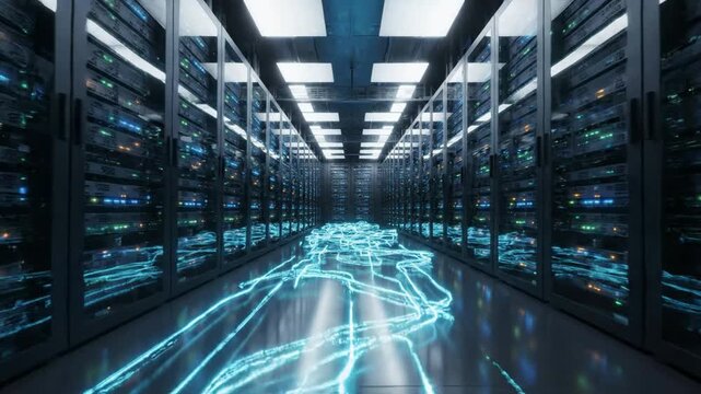 Modern data center server room with glowing digital network fiber optic cables flowing through high-tech computing infrastructure