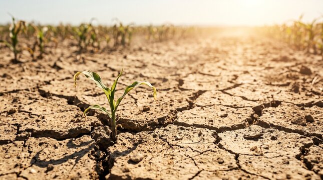 Small green seedling struggling to grow in severely cracked dry soil under intense sunlight heat