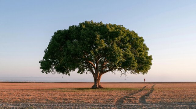 Solitary broadleaf tree with a lush green canopy in a pink field under a yellow sky, featuring a tiny walking person for wellness and storytelling covers