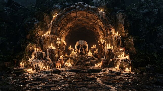 Mysterious skull altar in dark stone cave, ancient ritual site with glowing candles, eerie underground tomb entrance