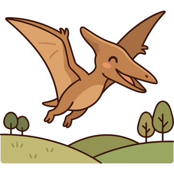 Cute Cartoon Pterodactyl Flying Over Green Hills Illustration for Kids Prehistoric Nature Concept