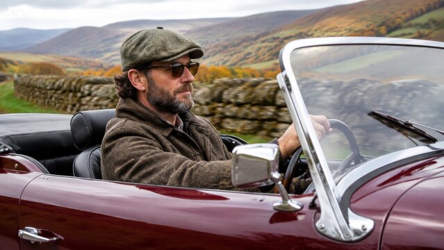 Man in tweed driving cap showing a man seated behind the wheel of a vintage convertible in focus