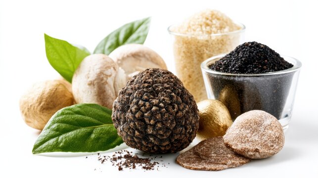 A close-up shot of exquisite black truffle mushrooms, artfully arranged with fragrant basil leaves and gourmet salt. The rich, earthy tones and delicate textures create a luxurious culinary display