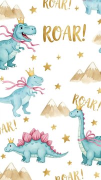 Cute watercolor dinosaur seamless pattern with gold stars for nursery wallpaper