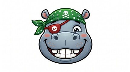Fototapeta premium Cute cartoon pirate hippo head with green bandana and eyepatch