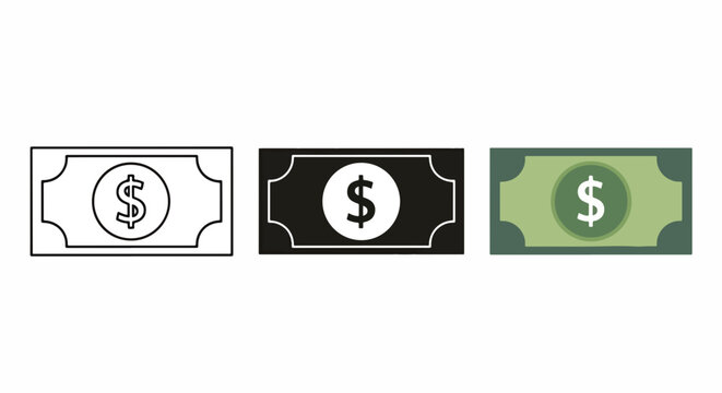 Paper money dollar icon set in three styles: Clipart, sticker - icon set, logo template - SVG and PNG icons - flat icon set