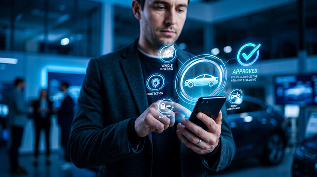 Man using a smartphone to manage car insurance, showing approved policy status with vehicle coverage, protection, and security details.